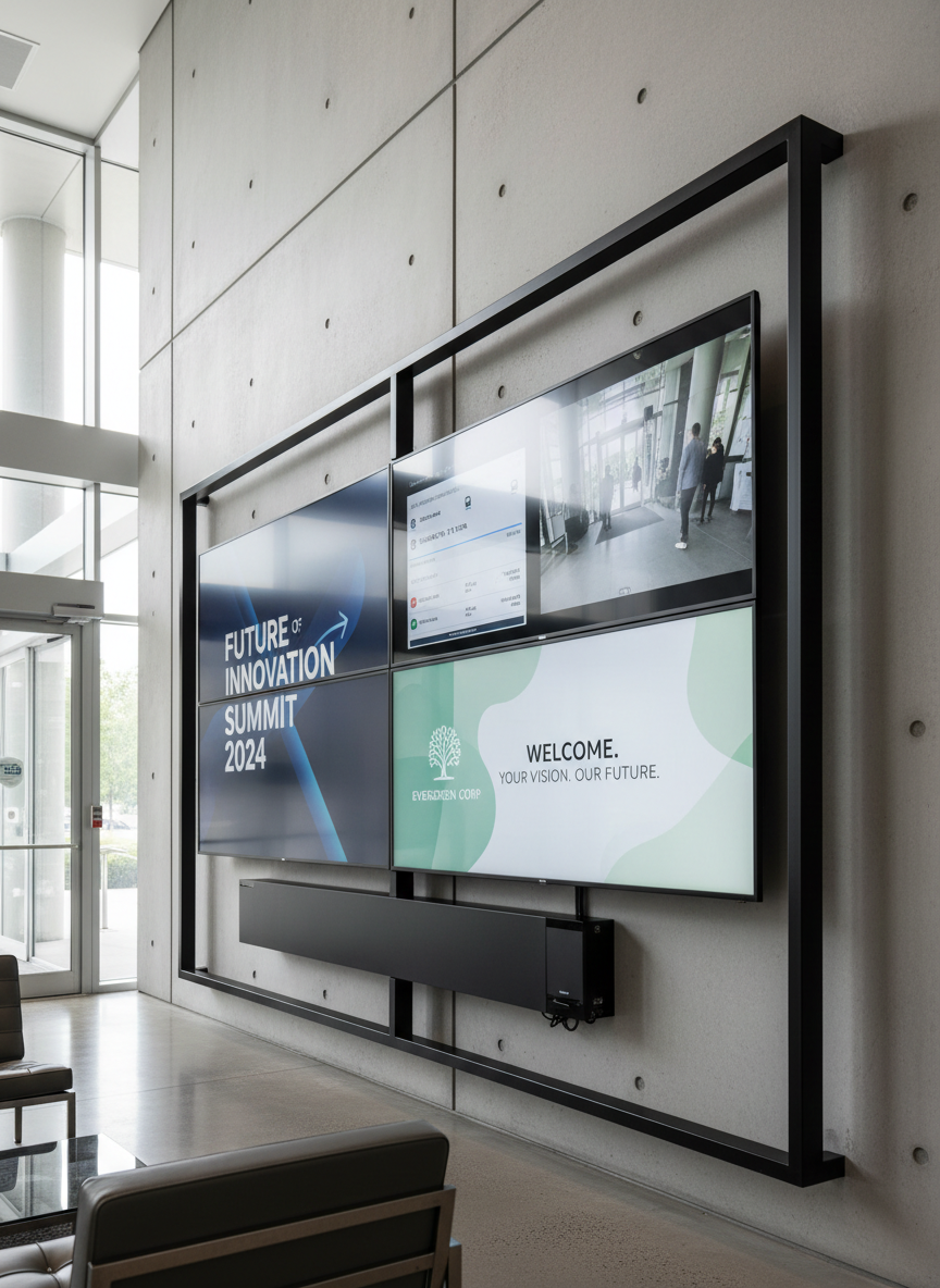 A wall of high-resolution digital signage screens mounted in a bright, modern lobby, each display showing different business content: a rotating announcement, a real-time transit dashboard, a calm corporate welcome screen, and a live security camera feed. The screens are framed by smooth concrete walls and a minimalist black metal frame, with a small, discreet media player and cable management box tucked neatly below. Natural daylight pours in from a nearby glass entrance, creating soft reflections and subtle glare patterns on the displays without obscuring the content. Captured from a wide-angle, slightly low perspective, the composition emphasizes scale and clarity. The mood is dynamic yet orderly, showcasing how integrated communication and information systems can transform a professional space, rendered in crisp, photographic realism.