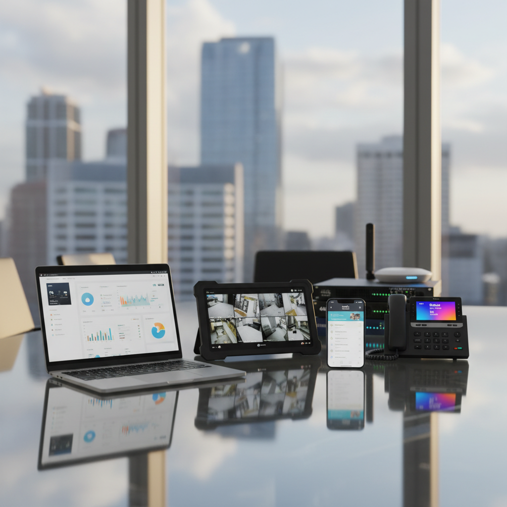 A polished glass conference table covered with neatly arranged business technology devices: a slim silver laptop showing a cloud services dashboard, a rugged tablet displaying a CCTV camera grid, a smartphone with a mobile device management app, and a compact VoIP desk phone with a bright color screen. A small stack of branded network switches and a secure Wi-Fi access point sit toward the back, their indicator lights glowing softly. The setting is a modern boardroom with floor-to-ceiling windows and a blurred urban skyline. Soft afternoon light streams in, creating subtle reflections and highlights on the glass surfaces. Captured from a slightly elevated angle using the rule of thirds, the composition feels organized and forward-looking. The mood is strategic and professional, with photographic realism and a clean corporate aesthetic.